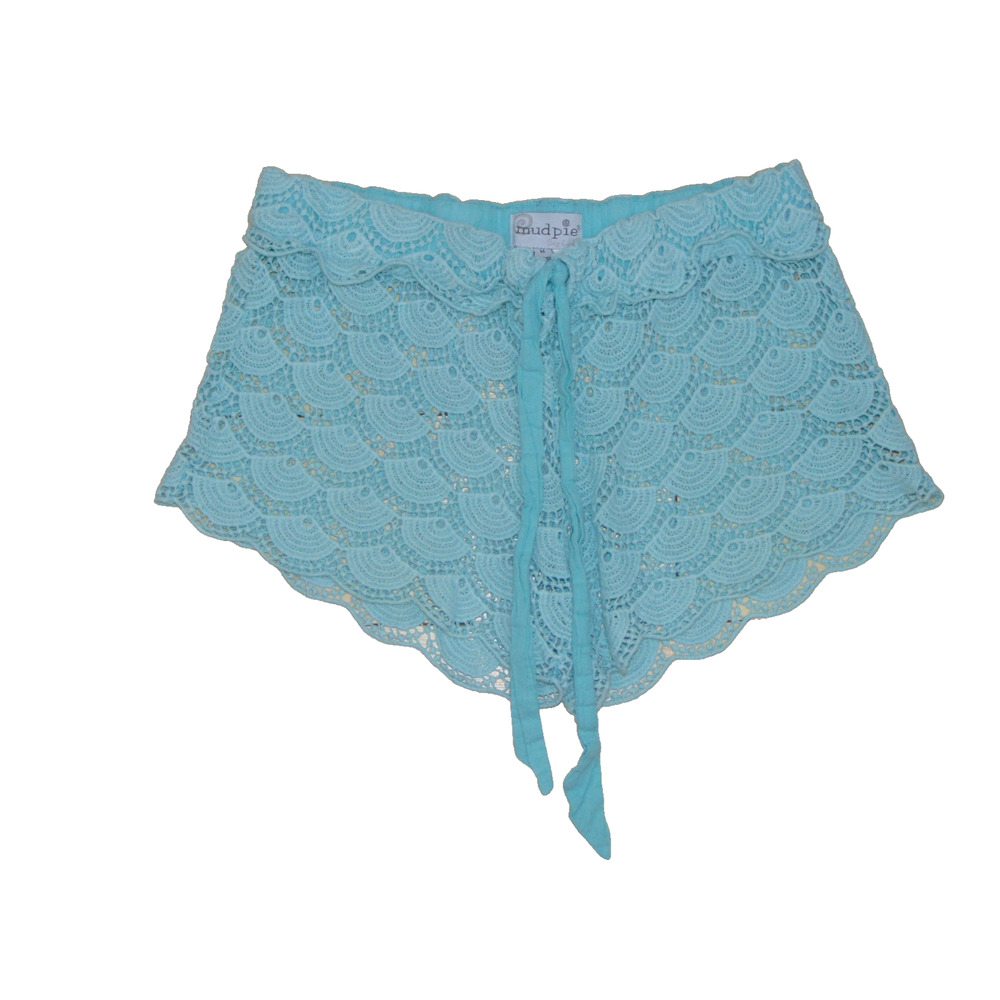Blue 100% Cotton Lace Shorts Elastic Waist Scalloped Hem Beach Cover-up